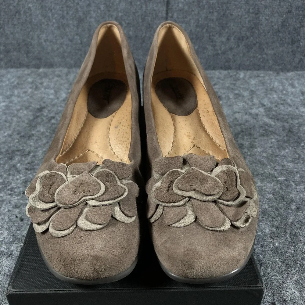 Earth Brushcherry Shoes Womens Size 9.5B Dark Taupe Leather Flower Wedge Comfort